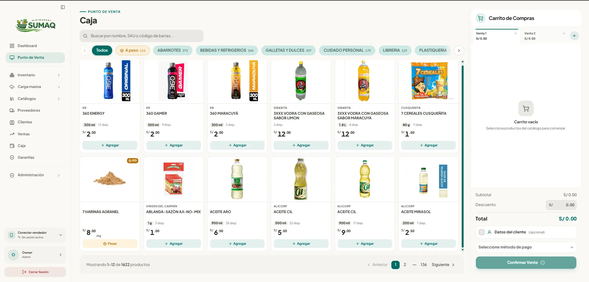 Pantalla de caja del punto de venta de Mini Market SUMAQ